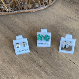 Set of 3 Pair Earrings with Crystal / Green and Silver Accents